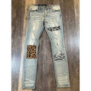 Damati Skinny Jeans Mens Size 32 Preppy Blue Denim Animal Print Patch Distressed